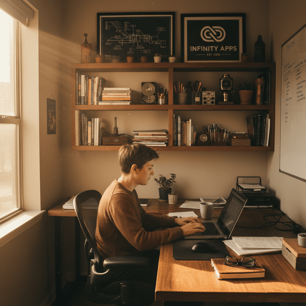 Developer working at desk in dedicated workspace, focused on long-term app maintenance