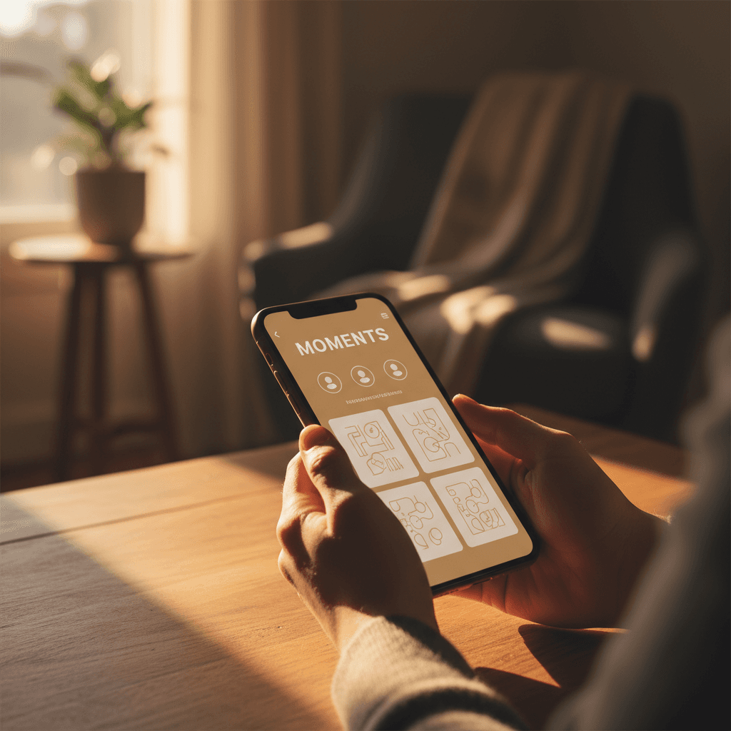 Hands holding a smartphone with a clean app interface