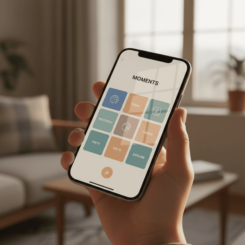 Mobile app interface displayed on phone screen with natural hand interaction