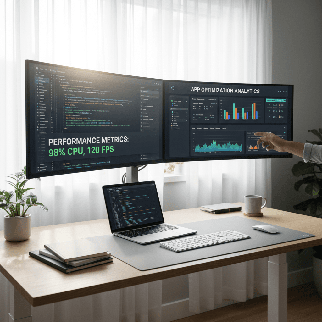 Developer workspace showing app performance metrics and optimization code on multiple monitors