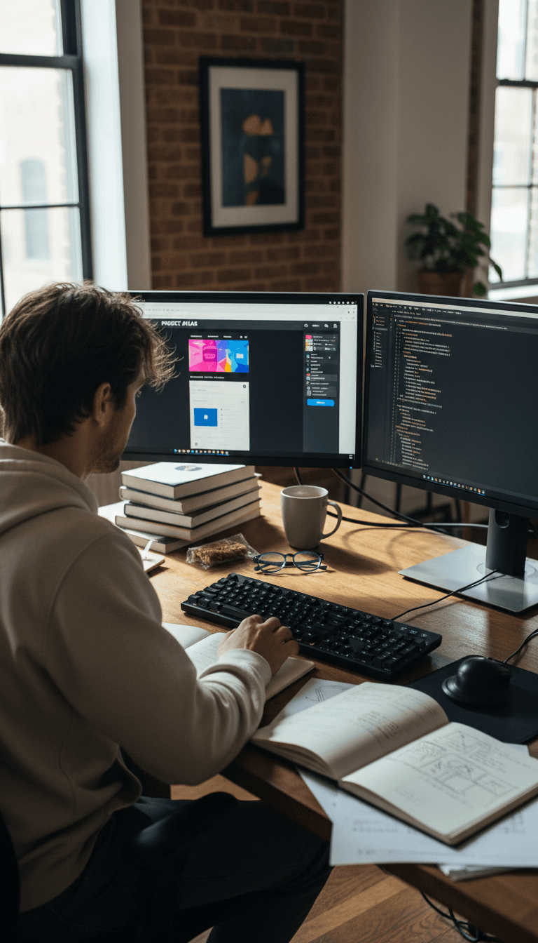 Developer working on app design and code at a dual-monitor desk